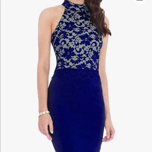 Blue Lace/Polyester Midi High Neck Collar Dress